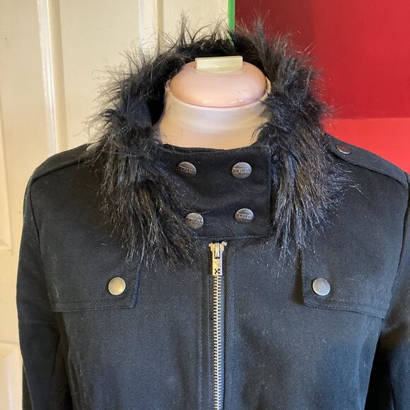 Tripp NYC Women's Black Y2K Jacket, Sz Large, Canvas Zipper Snaps Studs Faux Fur - Picture 3 of 10